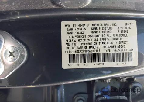 2012 Honda Accord 2.4 Lx from USA, damaged, VIN 1HGCP2F30CA239957